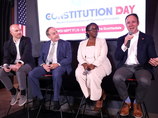 "Chris Kline, Clint Bolick, Angela Banks & Matt Gress" by Gage Skidmore / Flickr, CC BY-SA 4.0. Source: https://www.flickr.com/photos/gageskidmore/54799103708/ License: https://creativecommons.org/licenses/by-sa/4.0/ Flickr photo ID: 54799103708. Original file; no modifications.